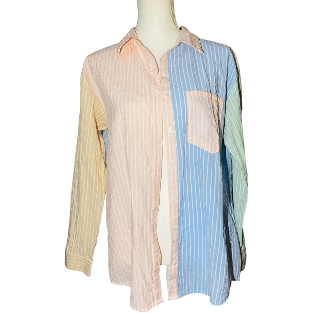 Entro Women's Small Button Up Collared Shirt‎ Blouse Long Sleeves Stripes